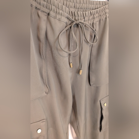 Olive Satin Feel Cargo Jogger Pants - Picture 3 of 5